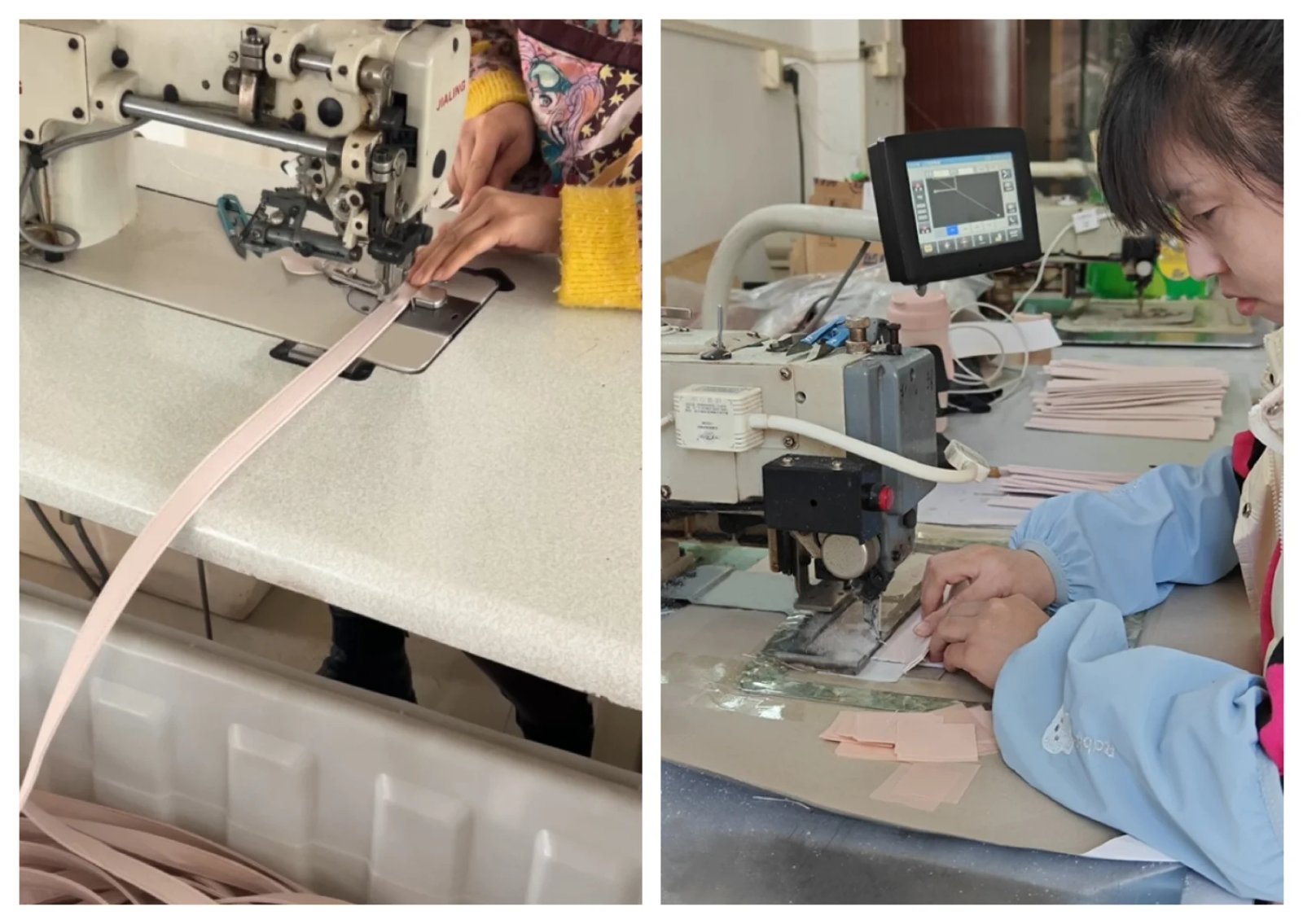 Sew the handle strap to the bag pieces