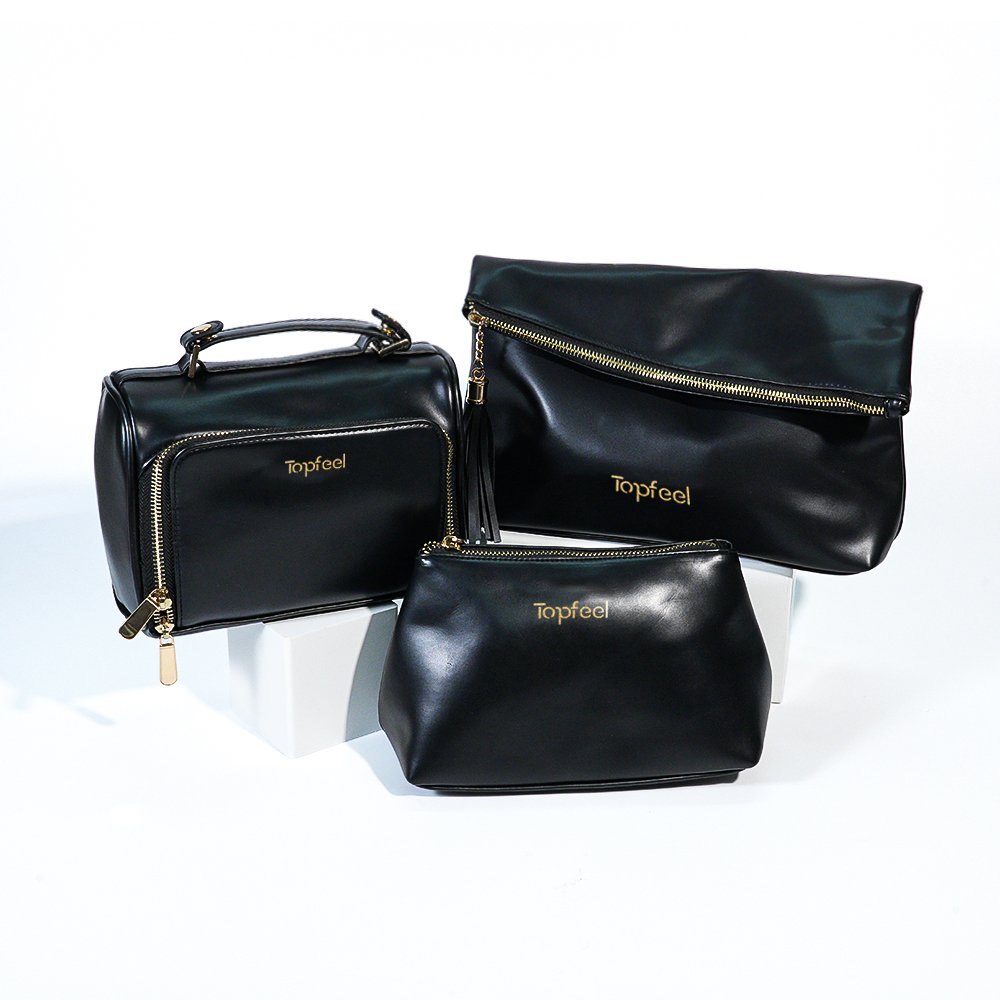 CB022 Waterproof PU Double Layer Black Cosmetic Handbags