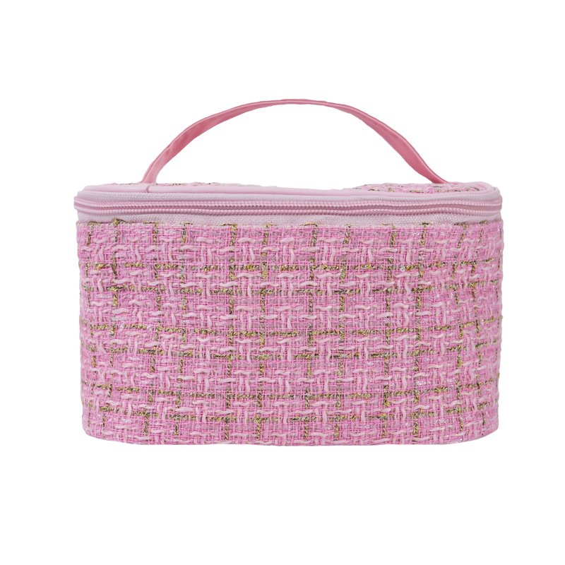 CB034 Private Label Golden Tweed Fabric Square Cosmetic Train Case