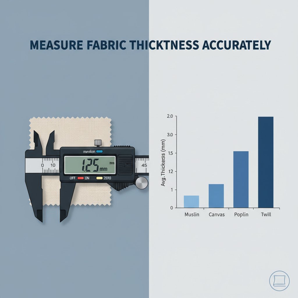 디지털 캘리퍼로 원단 두께를 측정하는 일러스트와 막대 차트
