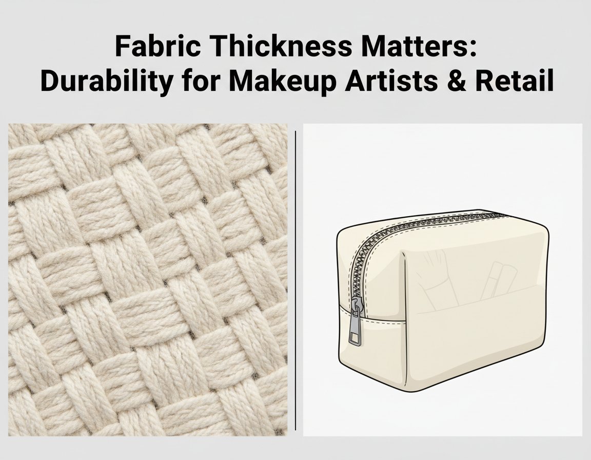 내구성 있는 메이크업 가방의 기술 일러스트 옆에 위치한 무거운 직조 면 텍스처